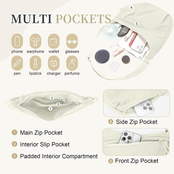 Nylon Crescent Crossbody Bag - Stylish Dumpling Design, Adjustable Strap, Beige - Picture 5 of 7